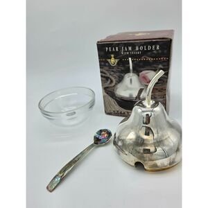 Vintage Studio Silversmiths Silver Plated Pear Jam Holder w/Spoon & Glass Insert